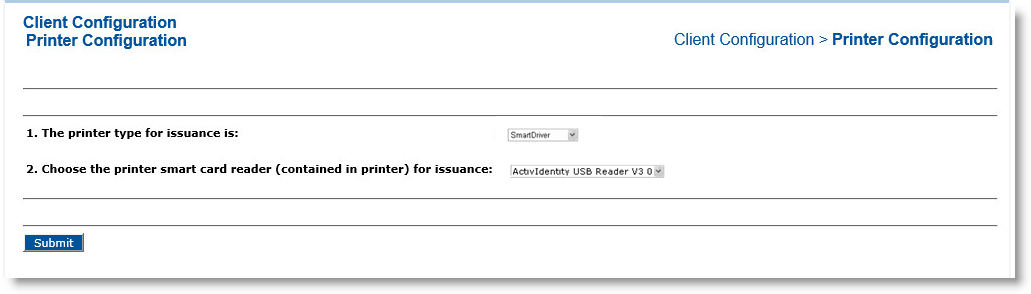 Client Configuration section of Configuration tab displaying Printer Configuration dialog box where you can select the printer type and card reader